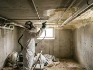 Aplicator echipat cu mască alimentată cu aer, pulverizând spumă poliuretanică