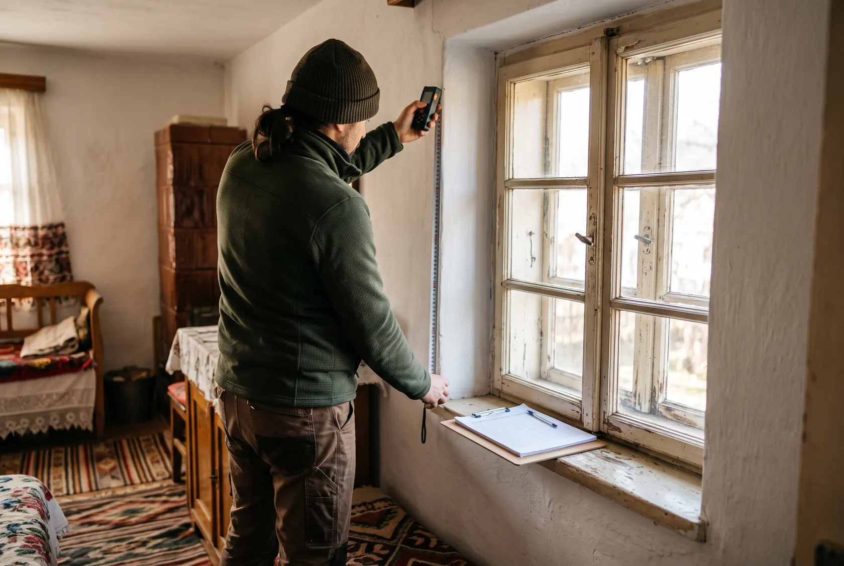 Auditor energetic care măsoară o fereastră veche de lemn