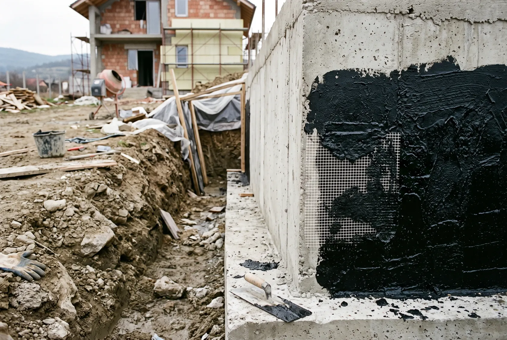 Strat gros de bitum cu plasă de armare pe fundația de beton