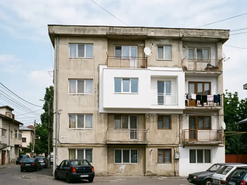 Fațadă de bloc pe care un singur apartament are termosistem, cu margini vizibile