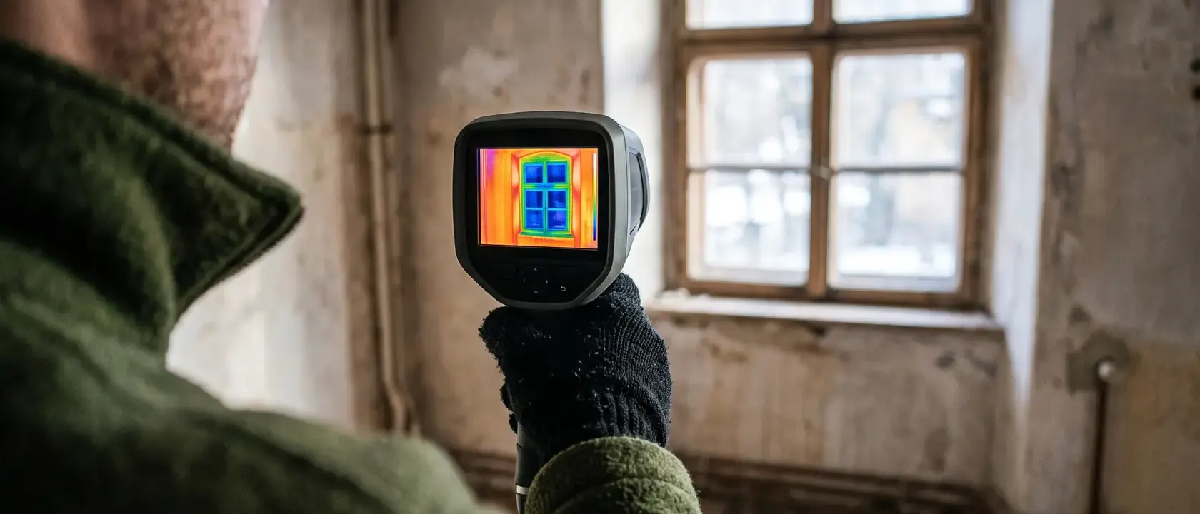 Cameră de termoviziune îndreptată spre o fereastră, cu imaginea termică pe ecran