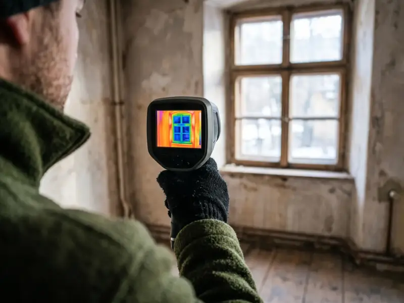 Cameră de termoviziune îndreptată spre o fereastră, cu imaginea termică pe ecran