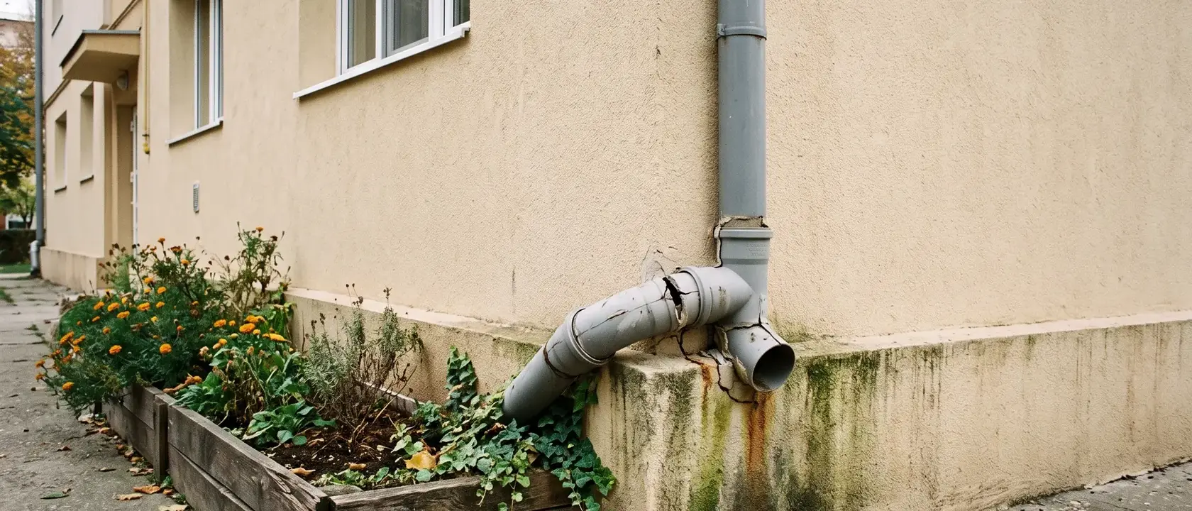 Colț de casă veche cu burlan fisurat, alge pe soclu și strat de flori lipit de perete