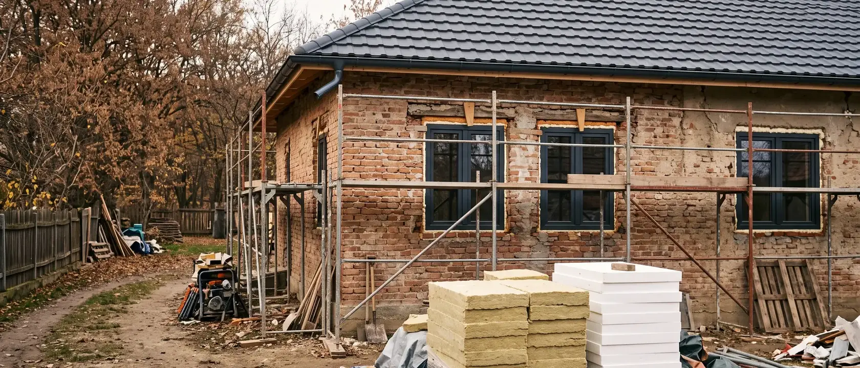 Casă veche în renovare energetică, cu acoperiș nou și schelă pe fațadă
