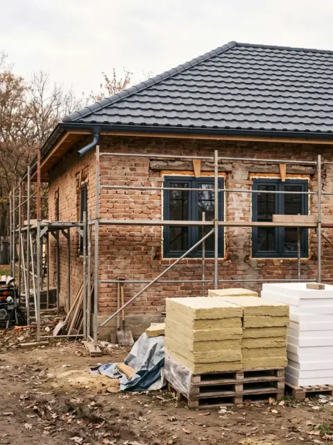 Casă veche în renovare energetică, cu acoperiș nou și schelă pe fațadă