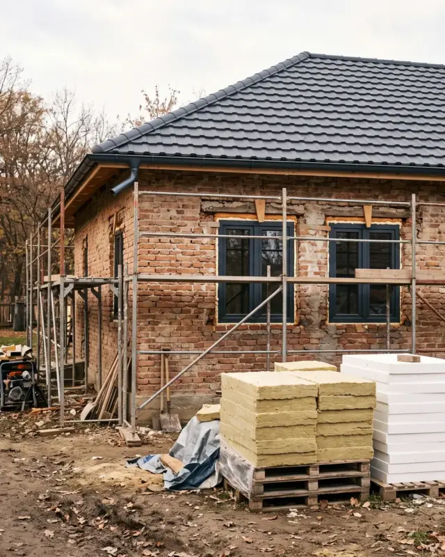 Casă veche în renovare energetică, cu acoperiș nou și schelă pe fațadă