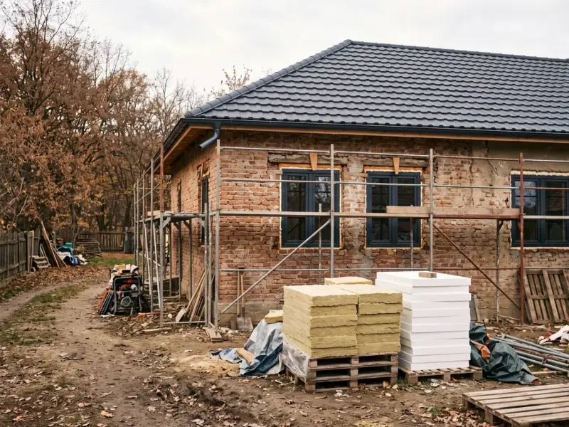 Casă veche în renovare energetică, cu acoperiș nou și schelă pe fațadă