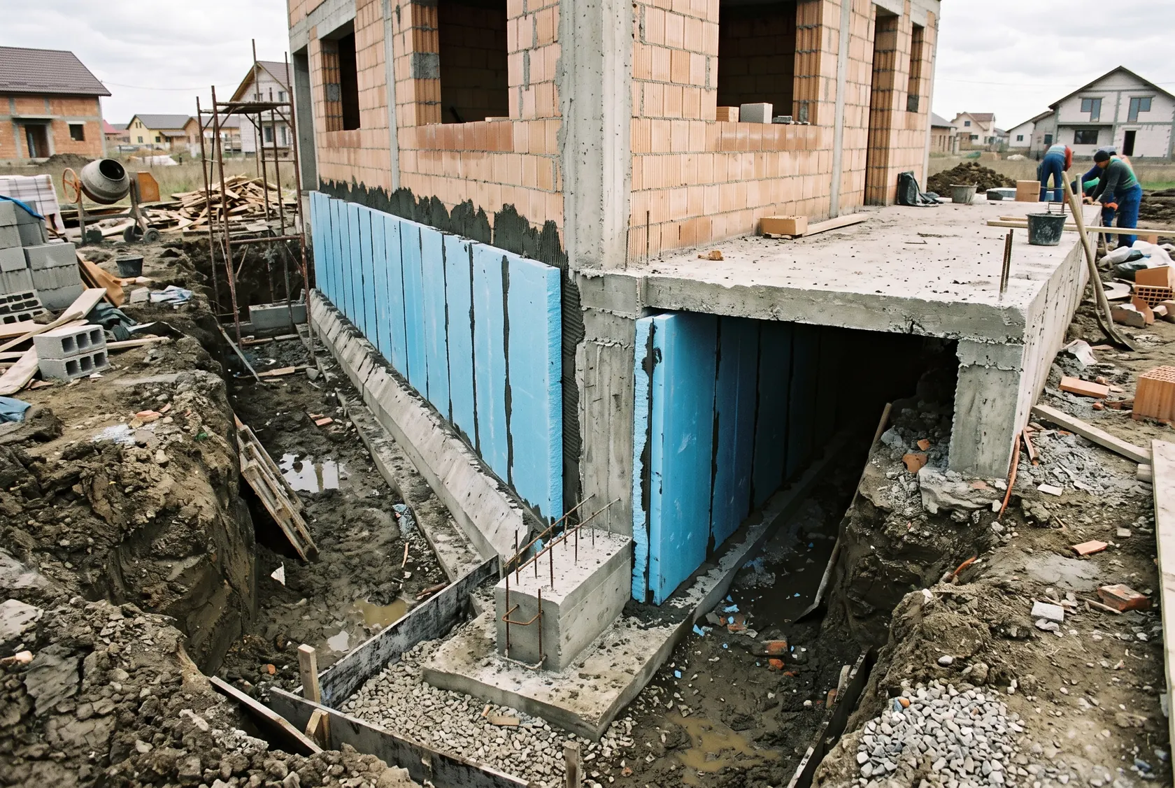 Colț de casă cu placa, grinda de fundație și XPS vertical pe soclu