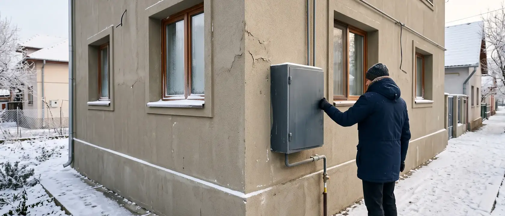 Contor de gaz pe fațada unei case izolate, într-o zi de iarnă