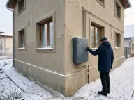 Contor de gaz pe fațada unei case izolate, într-o zi de iarnă