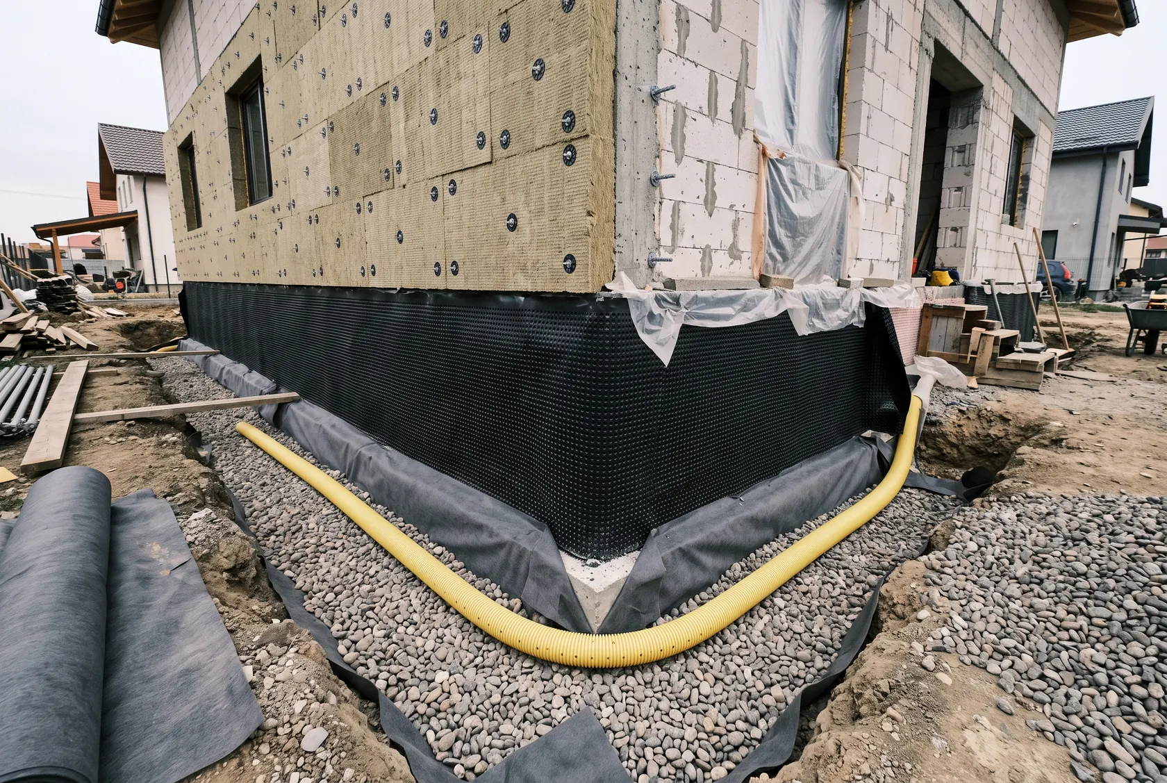 Țeavă de drenaj perforată în pietriș, pe geotextil, la baza fundației