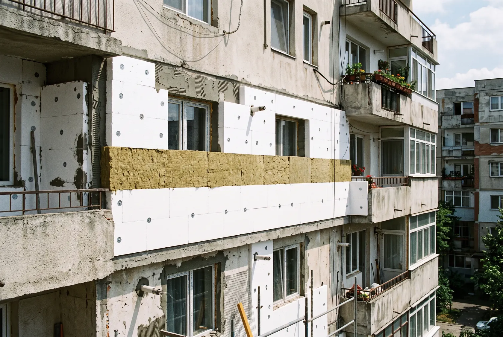 Fâșie de vată bazaltică la nivelul planșeului, pe fațada unui bloc