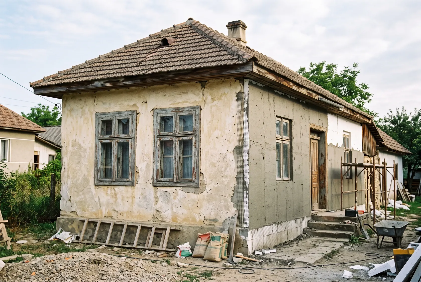 Fațadă de casă veche cu ferestre duble din lemn scorojite