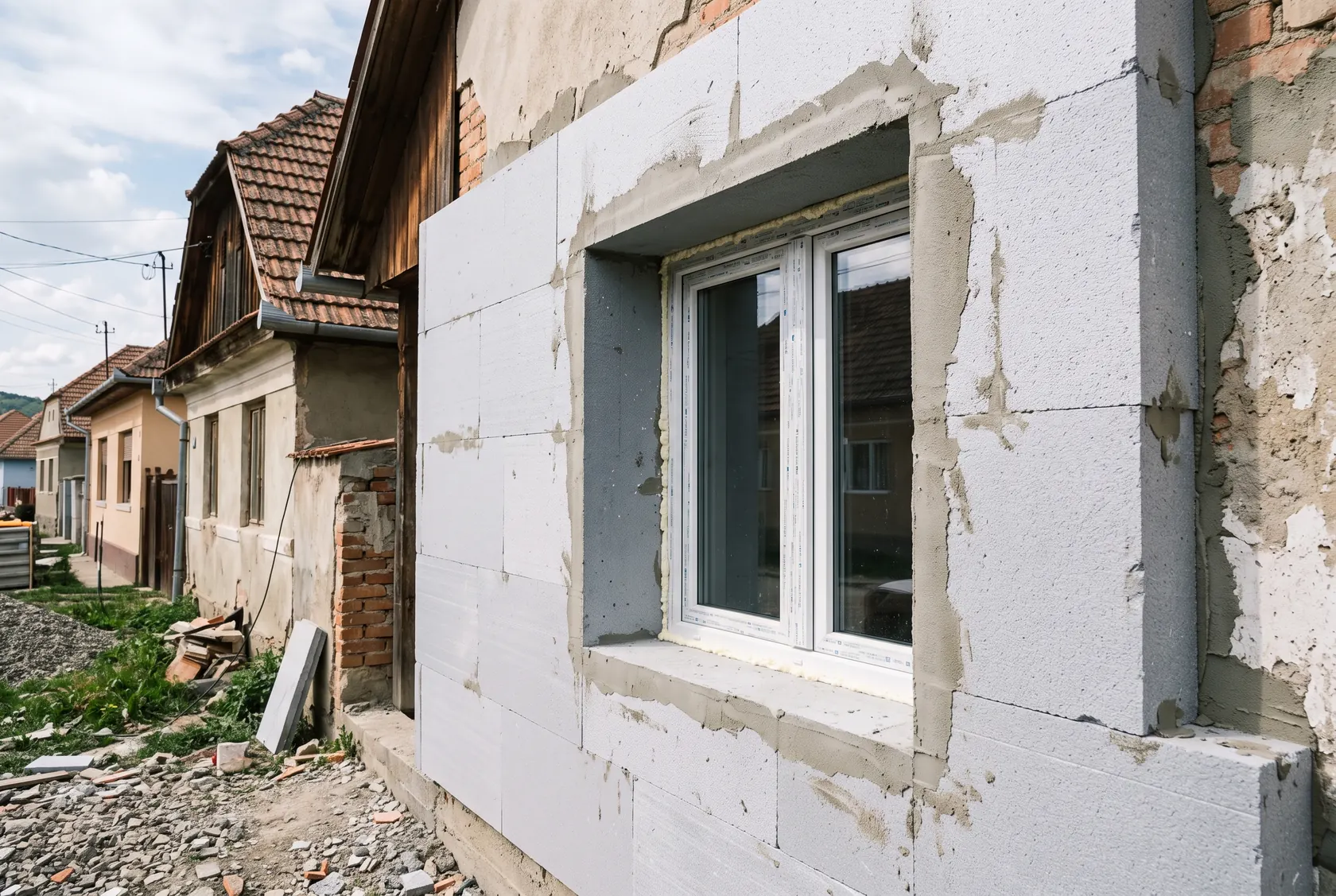 Fereastră montată spre fața exterioară, cu spaleta izolată