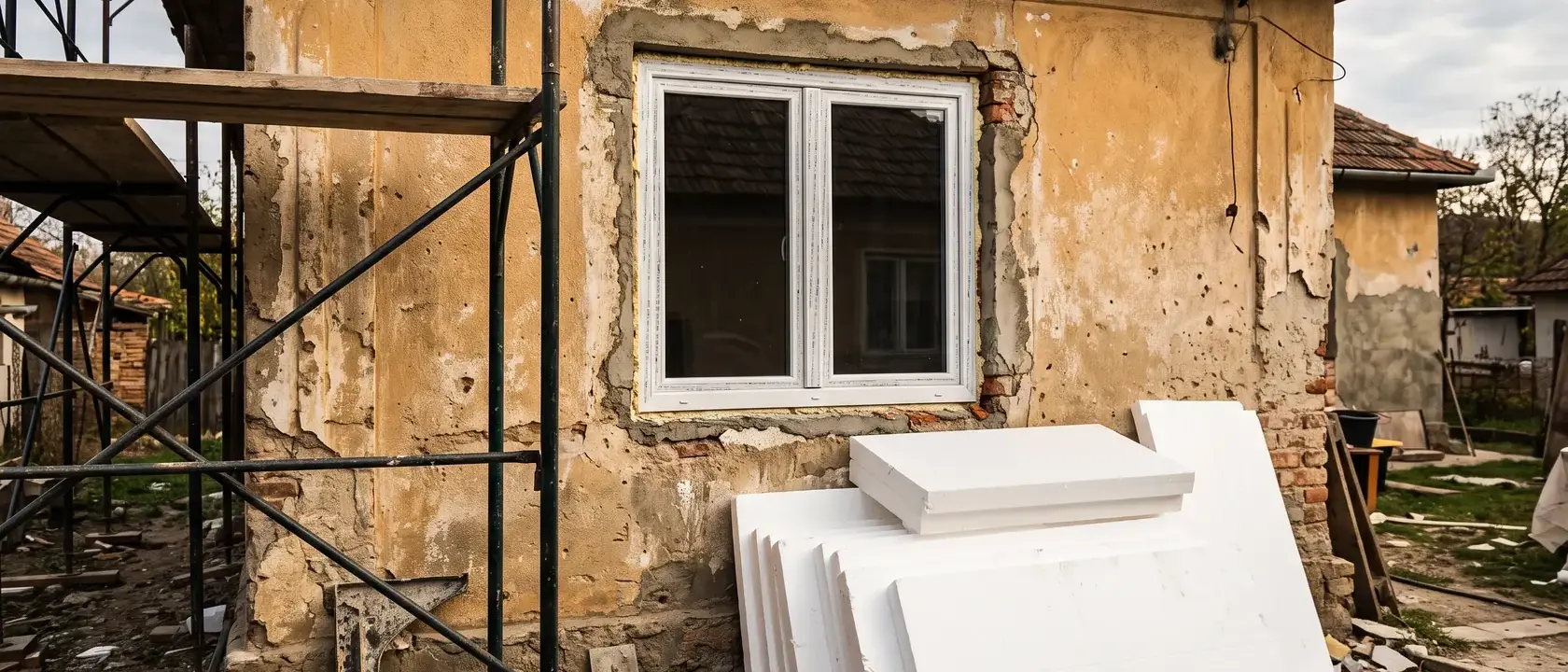 Fereastră nouă montată într-un zid încă neizolat, cu plăci de polistiren pregătite