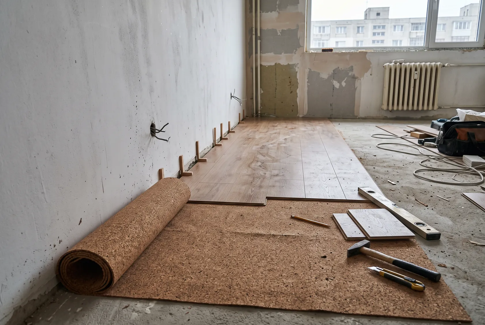 Folie de plută sub parchet laminat, cu distanțiere la perete
