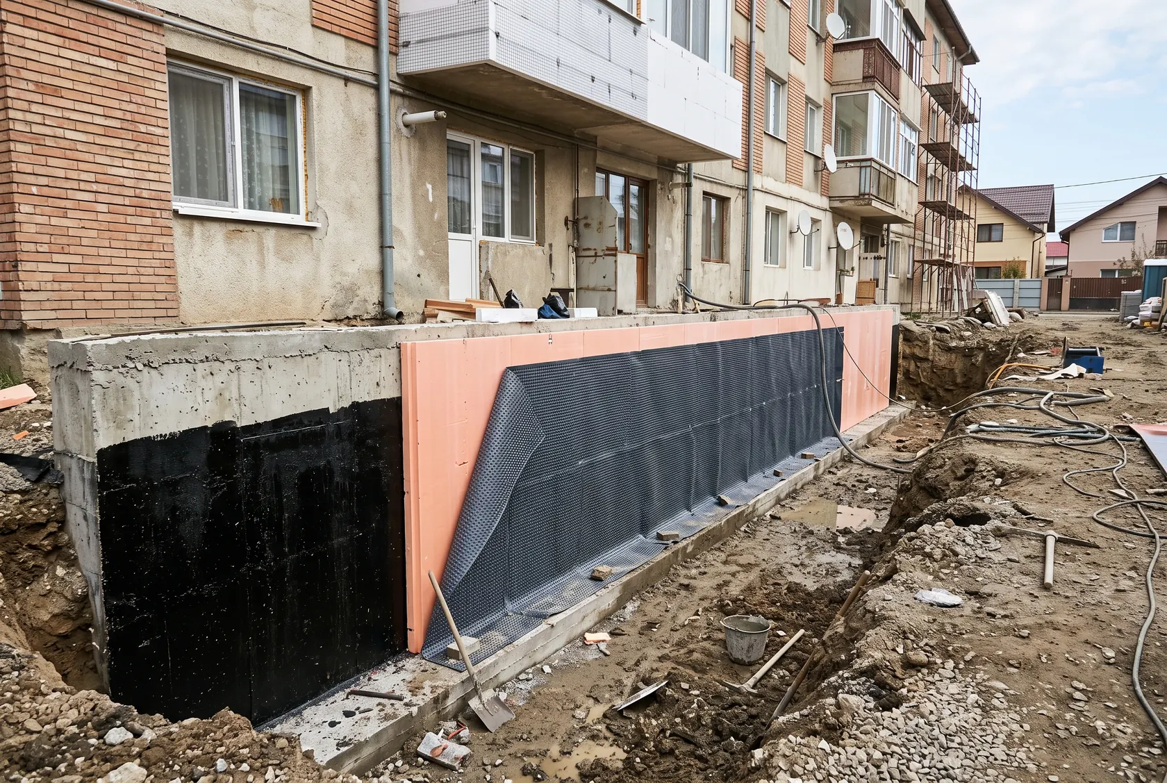XPS peste hidroizolația fundației, cu membrană cu nopeți