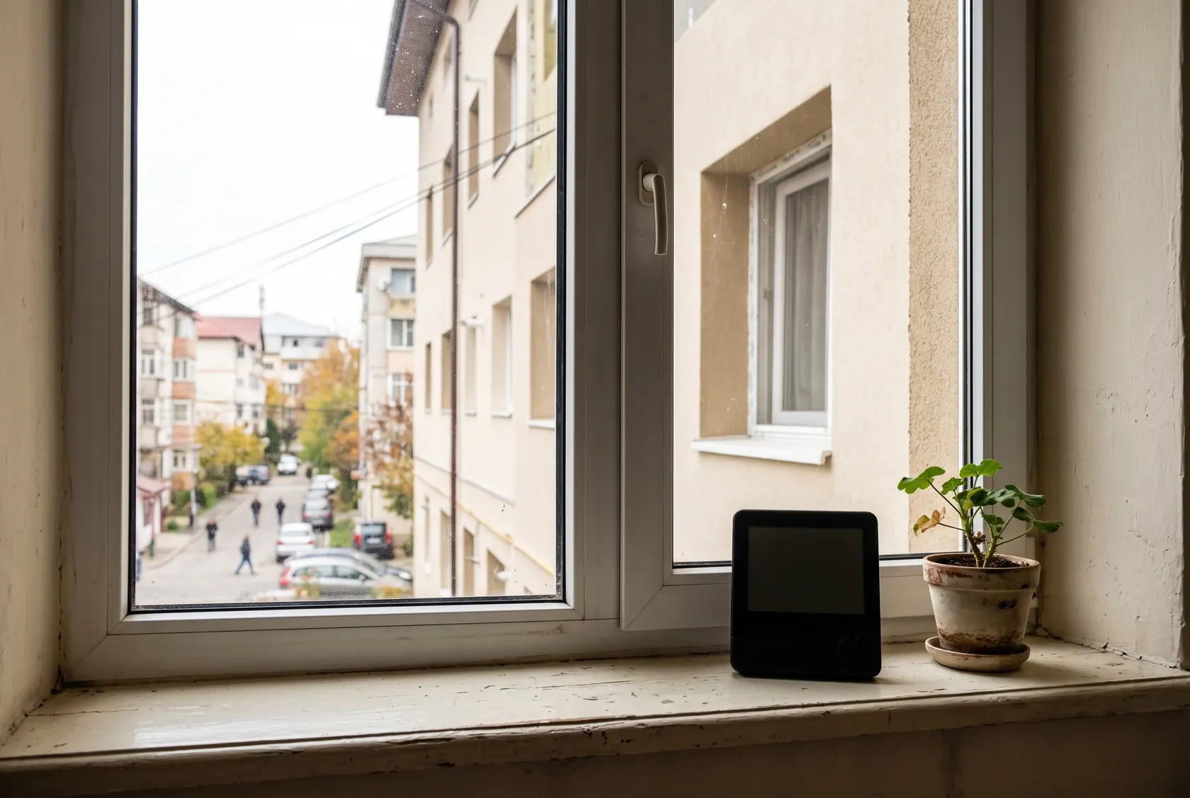 Higrometru pe pervaz, lângă un perete exterior izolat
