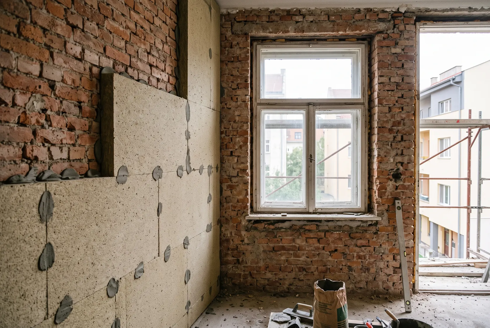 Izolație interioară din plăci minerale, cu spaleta ferestrei încă neizolată