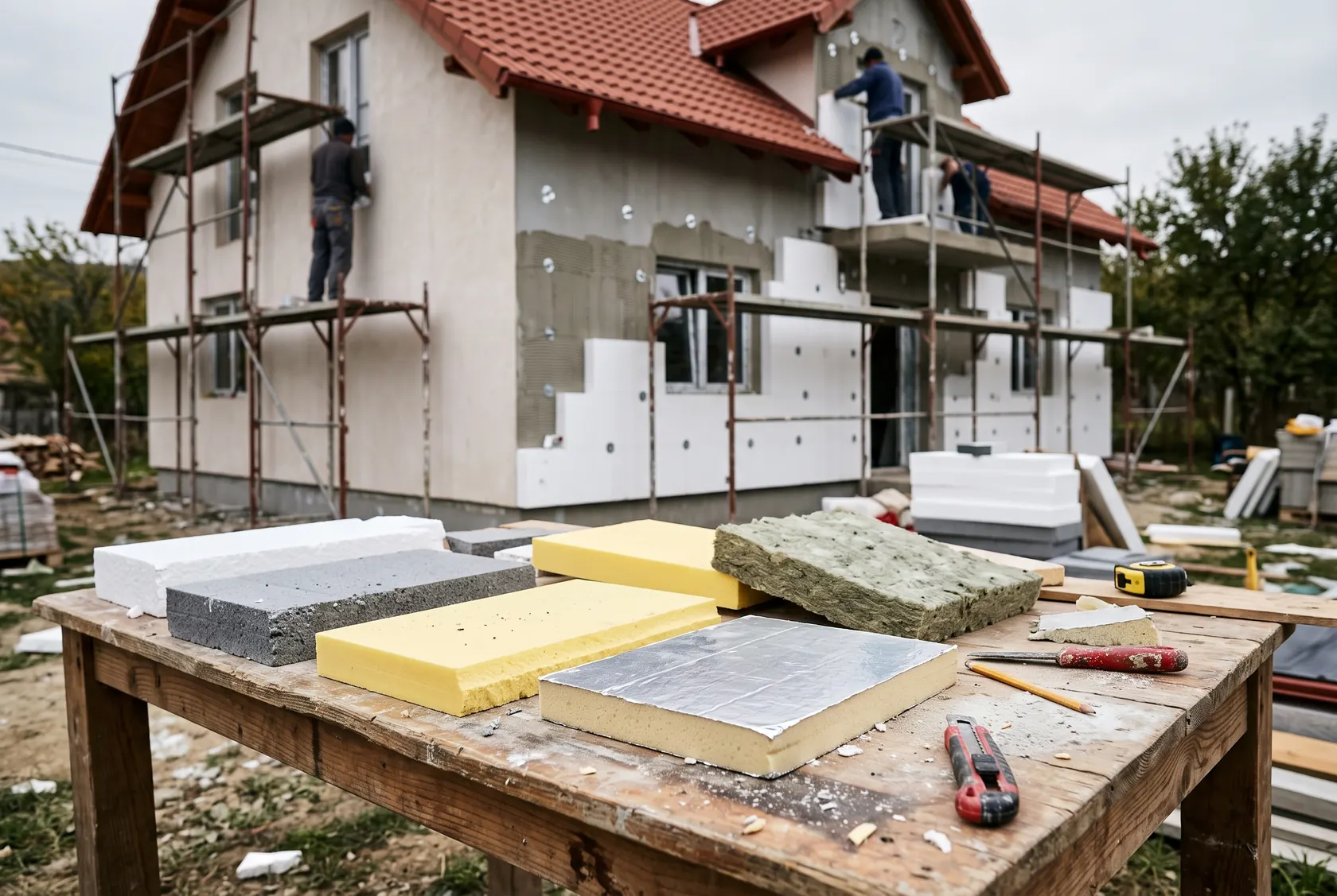 Mostre de materiale izolante pe o masă de șantier