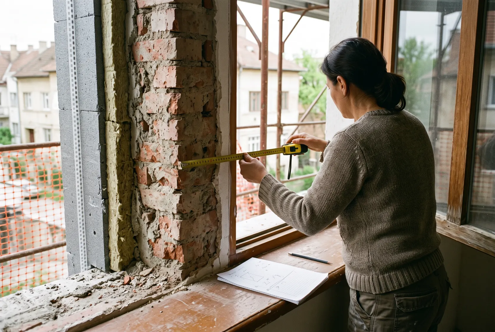 Proprietar care măsoară grosimea peretelui la o fereastră