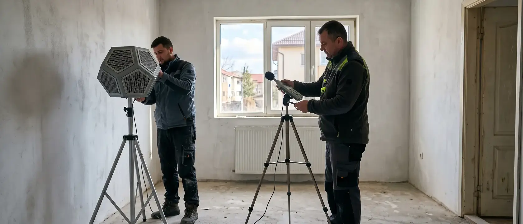 Măsurarea izolării la zgomot într-un apartament, cu sursă de zgomot și sonometru
