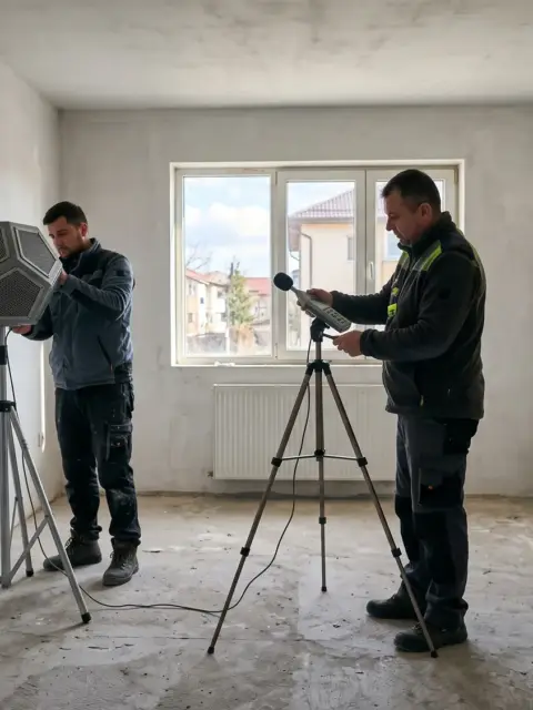 Măsurarea izolării la zgomot într-un apartament, cu sursă de zgomot și sonometru