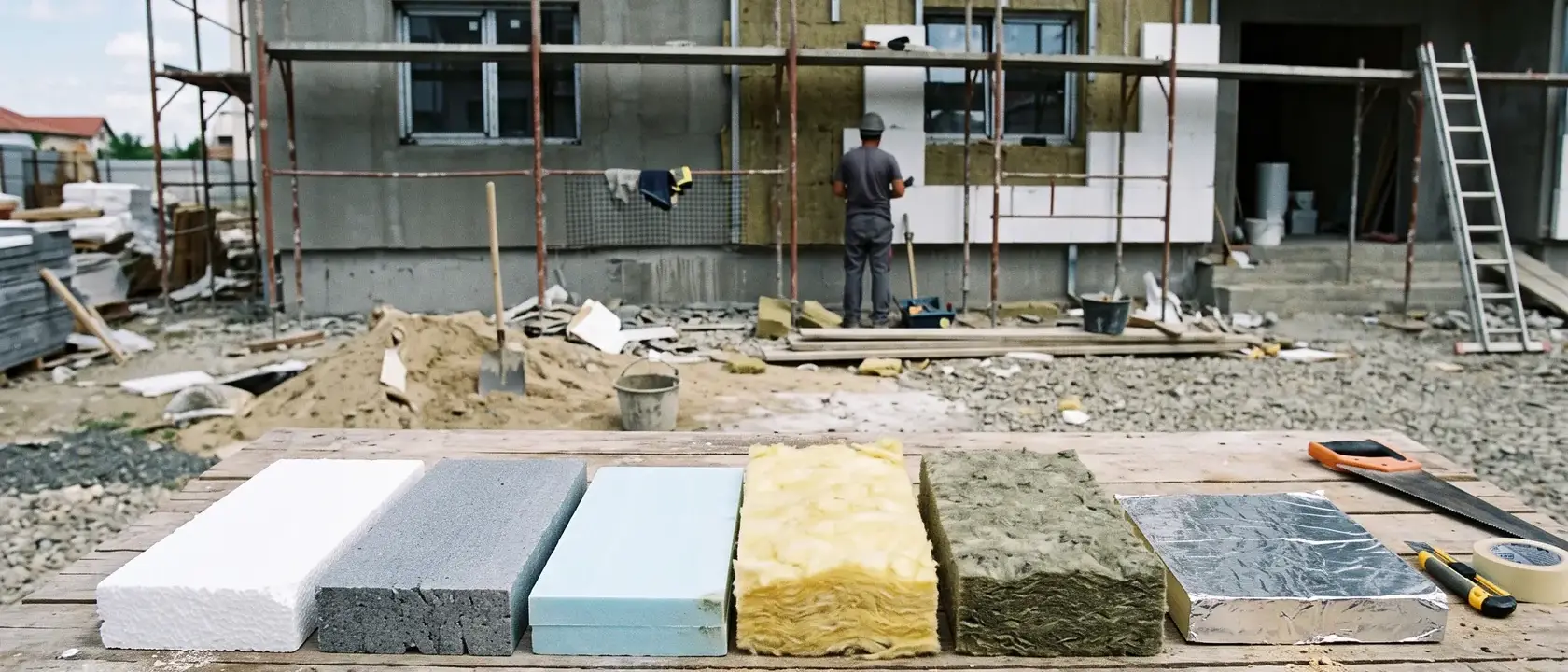 Mostre de materiale izolante așezate alăturat pe o masă de șantier