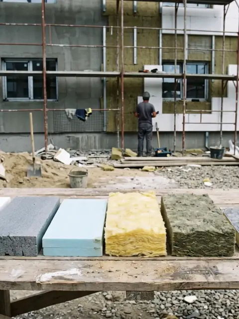 Mostre de materiale izolante așezate alăturat pe o masă de șantier