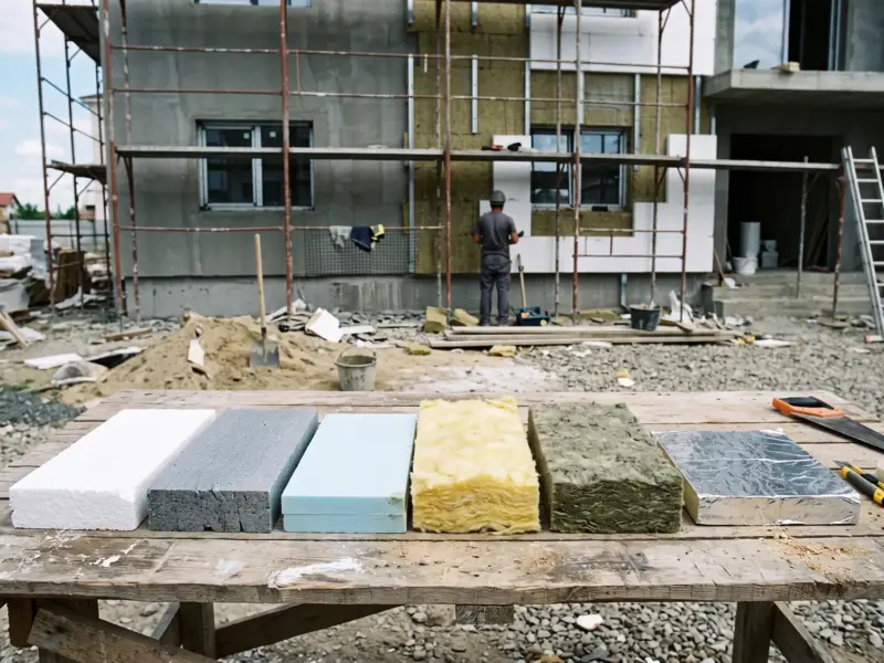 Mostre de materiale izolante așezate alăturat pe o masă de șantier