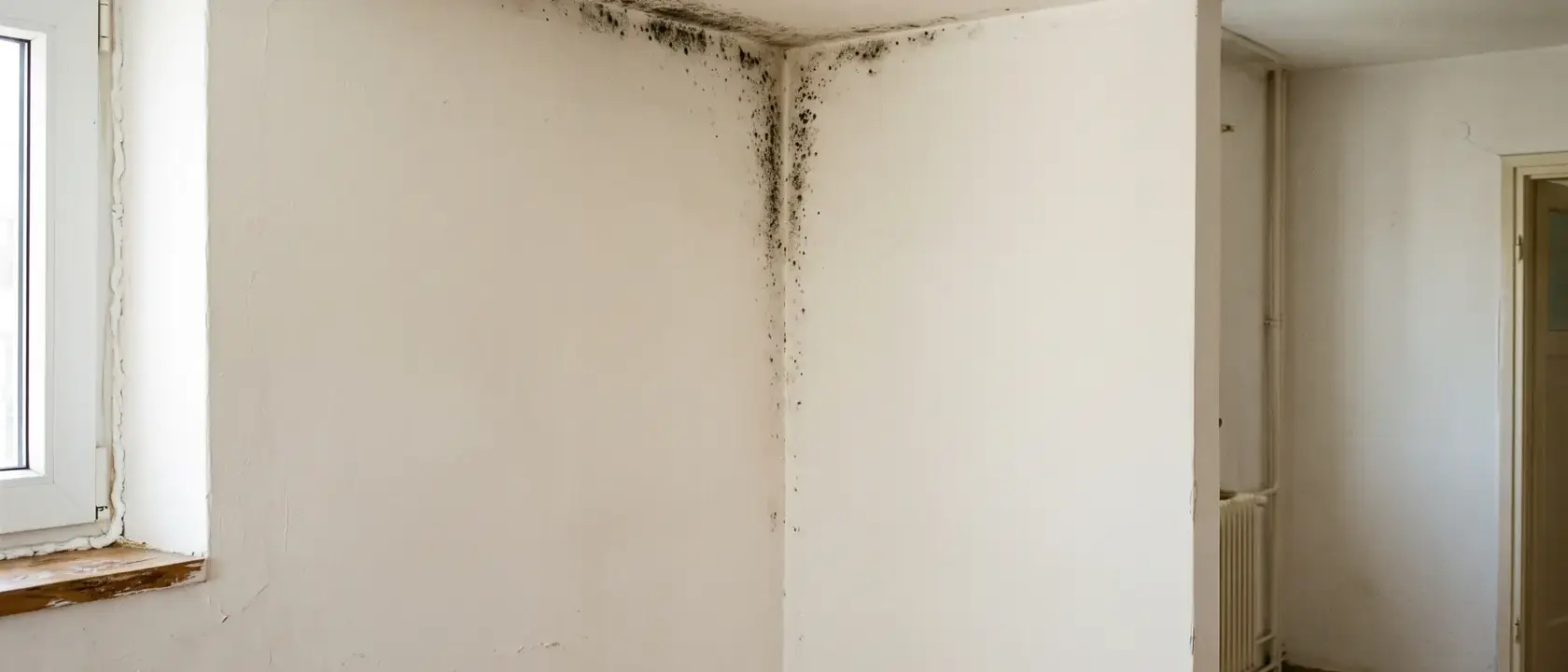 Mucegai pe muchiile colțului dintre pereții exteriori și tavan
