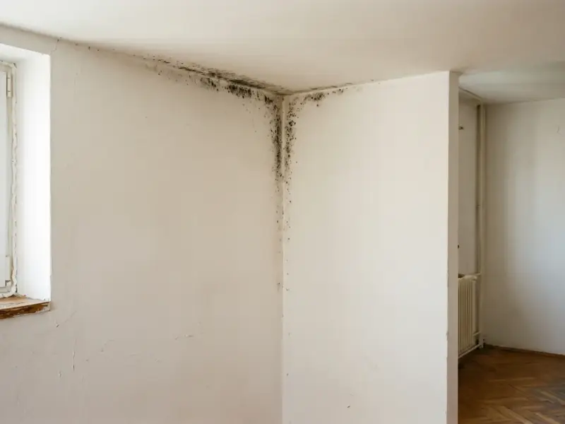 Mucegai pe muchiile colțului dintre pereții exteriori și tavan
