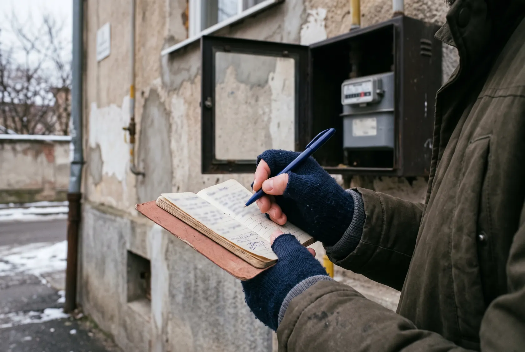 Mână care notează indexul contorului de gaz într-un carnet