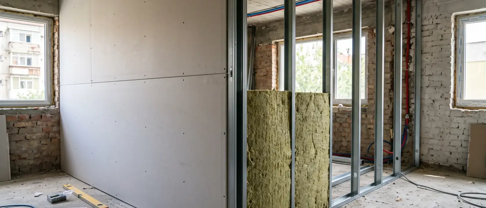 Perete de gips-carton cu două straturi de plăci și vată între montanți