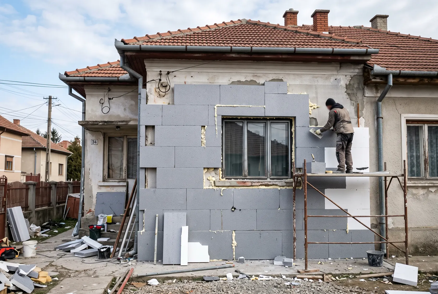 Plăci decalate ca o zidărie, cu placă tăiată în L la colțul ferestrei