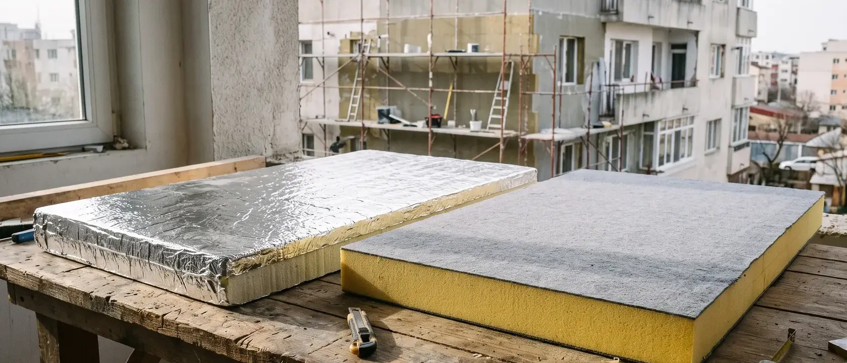 Plăci PIR cu fețe de folie de aluminiu și de împâslitură, cu muchia tăiată