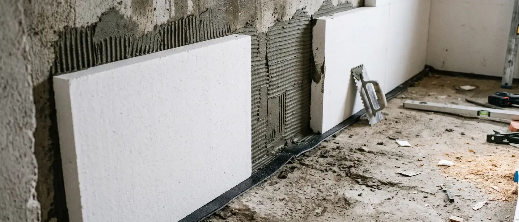 Plăci de silicat de calciu lipite pe peretele unui subsol