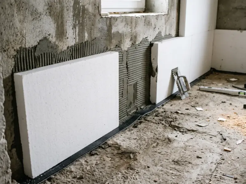 Plăci de silicat de calciu lipite pe peretele unui subsol
