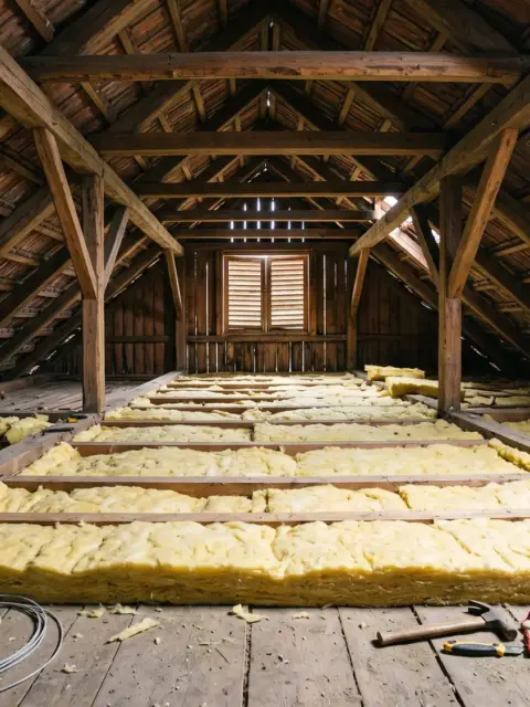 Pod nelocuit cu vată minerală în două straturi pe planșeu, sub acoperișul de țiglă