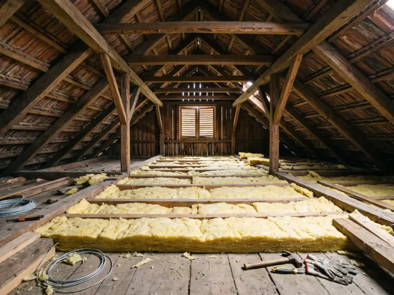Pod nelocuit cu vată minerală în două straturi pe planșeu, sub acoperișul de țiglă