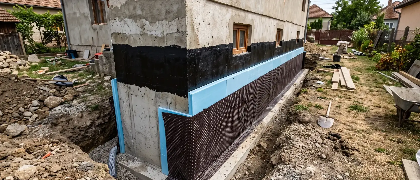 Plăci XPS lipite peste hidroizolația fundației, cu membrană cu nopeți în față