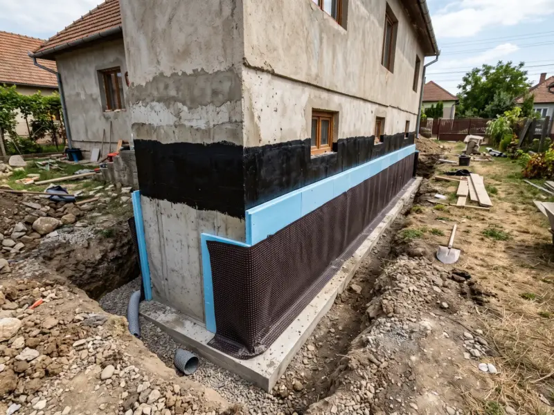 Plăci XPS lipite peste hidroizolația fundației, cu membrană cu nopeți în față