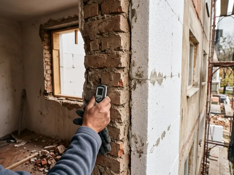 Zid de cărămidă cu polistiren pe exterior și termometru de contact pe fața interioară