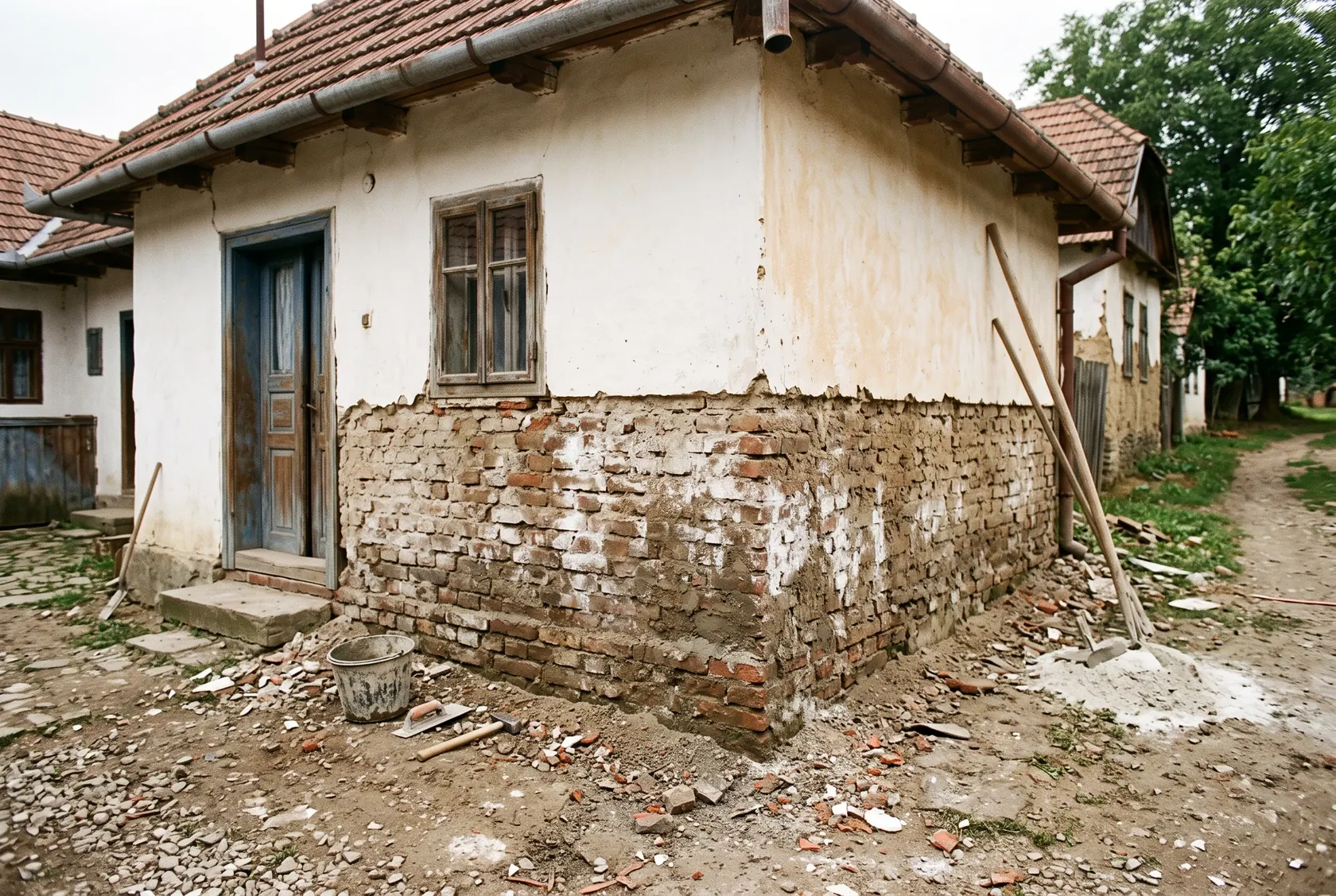 Soclu cu tencuiala de ciment îndepărtată și cărămidă pătată de săruri