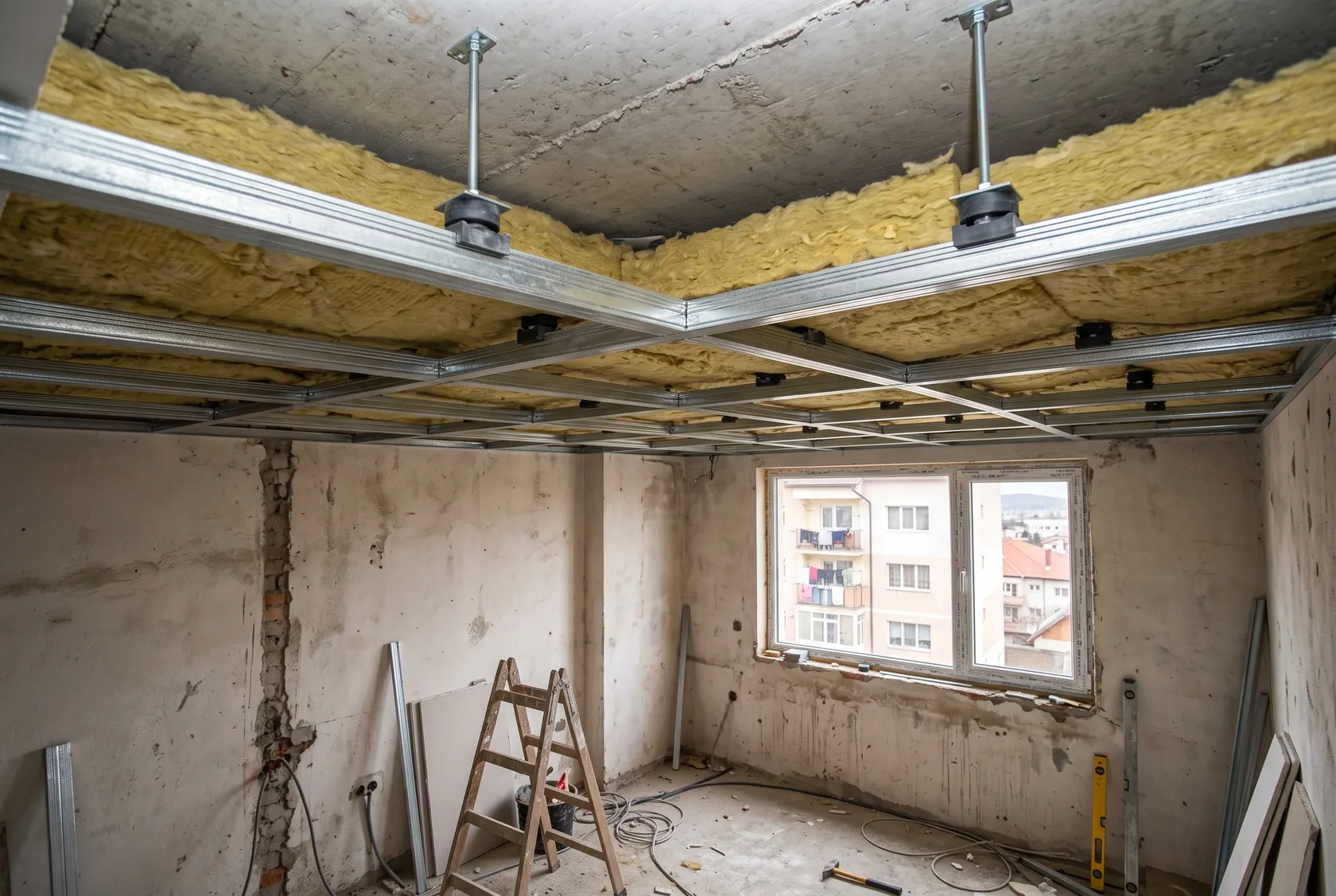 Suspensii cu elastomer și vată peste profilele tavanului