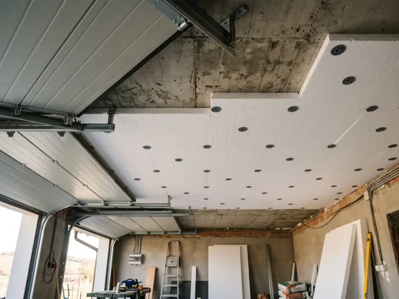 Tavanul garajului izolat cu plăci de vată bazaltică fixate cu dibluri