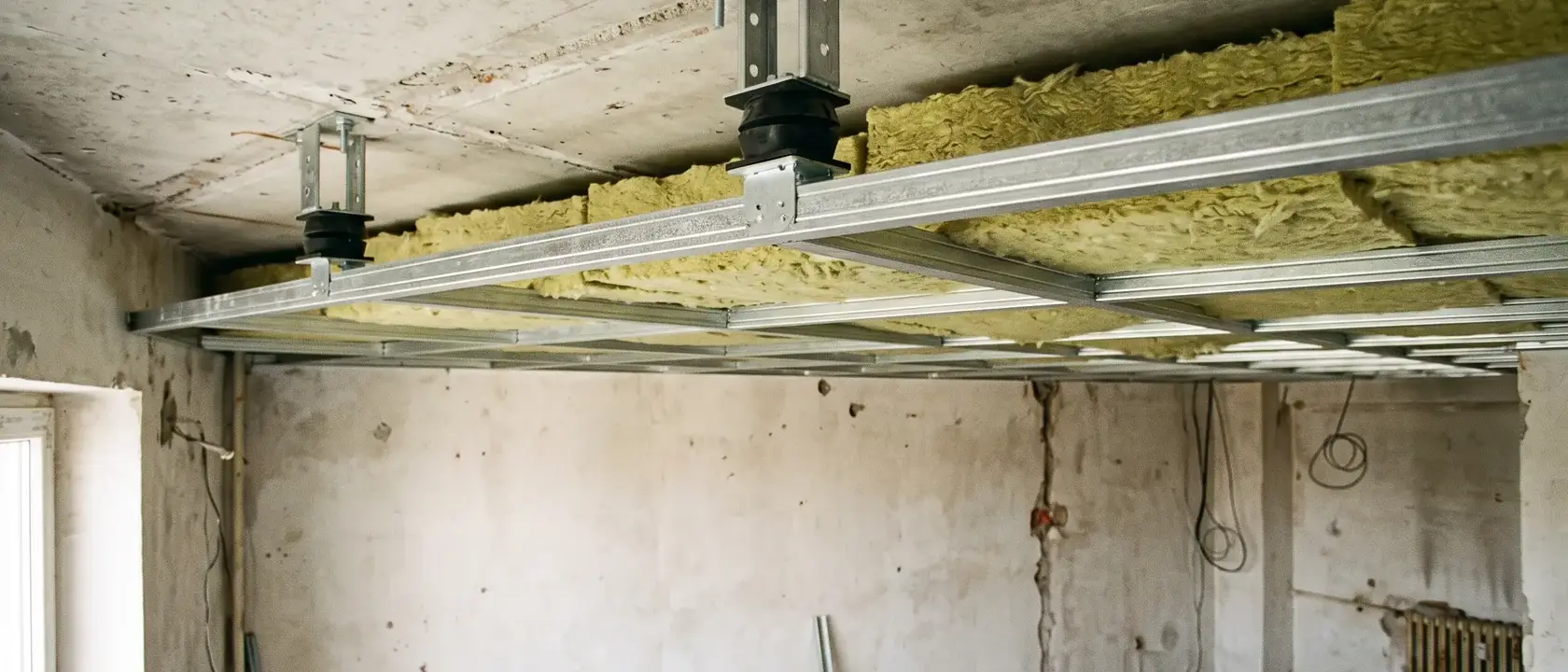 Structură de tavan suspendat pe suspensii elastice, cu vată deasupra profilelor