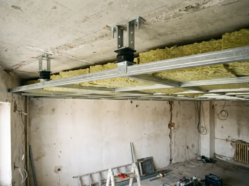 Structură de tavan suspendat pe suspensii elastice, cu vată deasupra profilelor