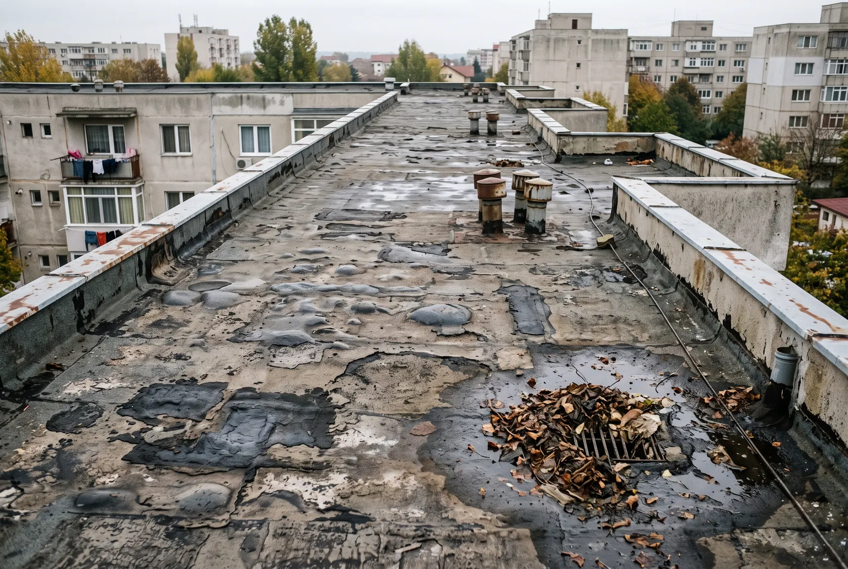 Terasă de bloc cu membrană veche, umflături și receptor colmatat