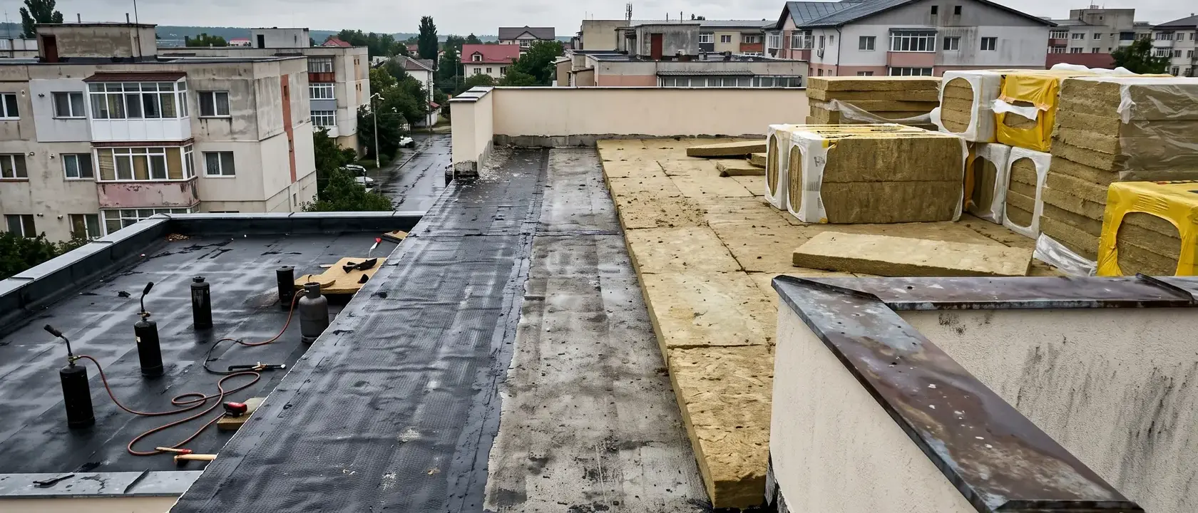Terasă în renovare cu barieră de vapori și plăci de vată bazaltică lângă atic